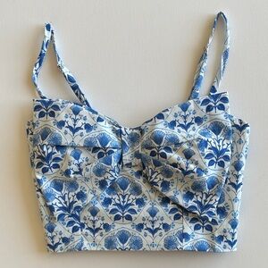 Show Me Your Mumu Blue White Floral Bustier Crop Top Smocked Back XS